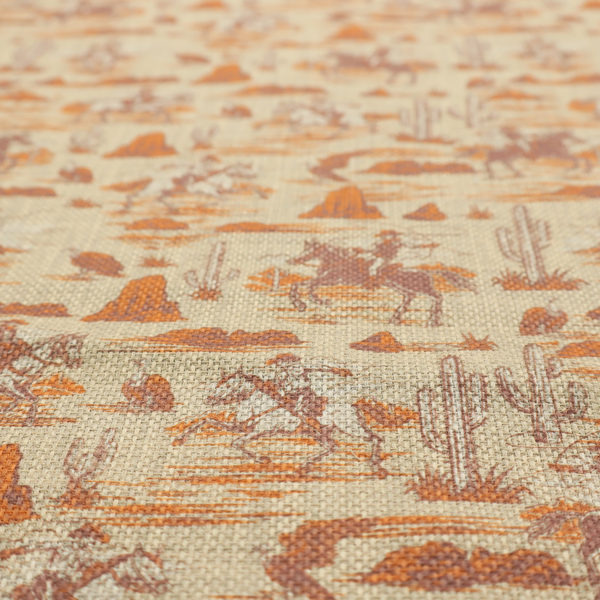 A repeating, scenic western toile pattern featuring detailed sketch-style illustrations over a heavily textured, linen-look light beige background. The monochrome design is rendered in warm tones of terracotta orange, rust, and dusty brown.