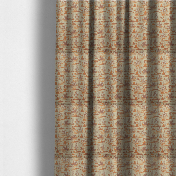 the fabric used to create these made-to-measure curtains is a repeating, scenic western toile pattern featuring detailed sketch-style illustrations over a heavily textured, linen-look light beige background. The monochrome design is rendered in warm tones of terracotta orange, rust, and dusty brown.