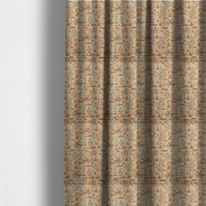 the fabric used to create these made-to-measure curtains is a repeating, scenic western toile pattern featuring detailed sketch-style illustrations over a heavily textured, linen-look light beige background. The monochrome design is rendered in warm tones of terracotta orange, rust, and dusty brown.