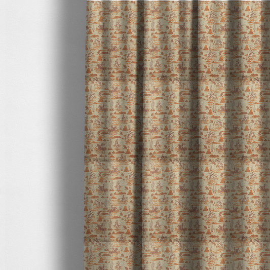 the fabric used to create these made-to-measure curtains is a repeating, scenic western toile pattern featuring detailed sketch-style illustrations over a heavily textured, linen-look light beige background. The monochrome design is rendered in warm tones of terracotta orange, rust, and dusty brown.
