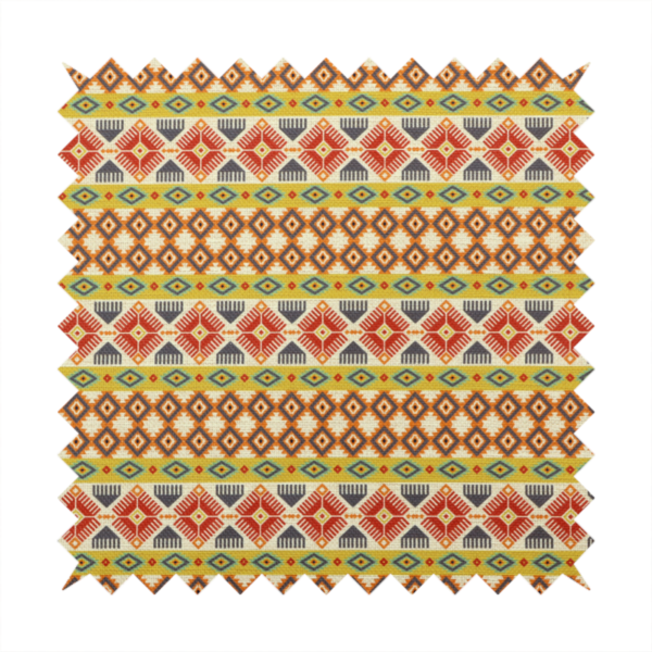 A vibrant, multi-coloured southwestern stripe pattern featuring repeating horizontal bands of geometric, tribal-inspired motifs. The detailed design is printed on a textured, linen-look cream fabric background, utilizing a bold colour palette of mustard yellow, terracotta red, slate blue-grey, and rust orange.