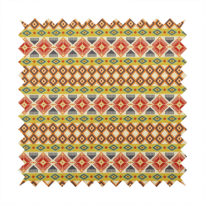 A vibrant, multi-coloured southwestern stripe pattern featuring repeating horizontal bands of geometric, tribal-inspired motifs. The detailed design is printed on a textured, linen-look cream fabric background, utilizing a bold colour palette of mustard yellow, terracotta red, slate blue-grey, and rust orange.