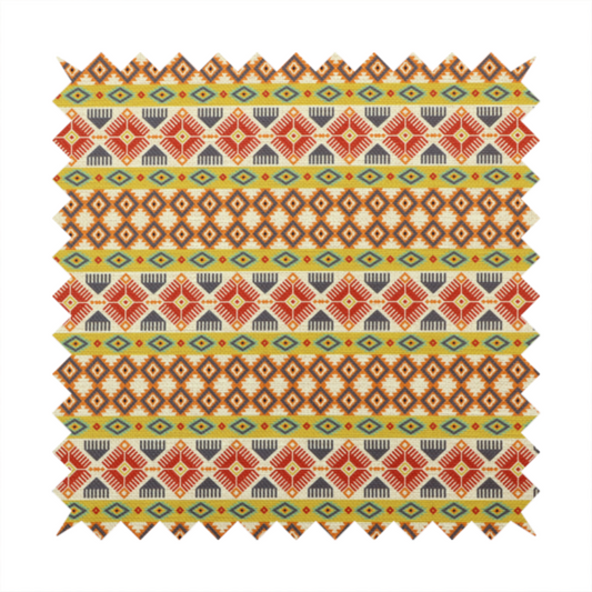 A vibrant, multi-coloured southwestern stripe pattern featuring repeating horizontal bands of geometric, tribal-inspired motifs. The detailed design is printed on a textured, linen-look cream fabric background, utilizing a bold colour palette of mustard yellow, terracotta red, slate blue-grey, and rust orange.