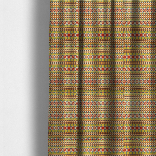 The fabric used to create these made-to-measure curtains is a vibrant, multi-coloured southwestern stripe pattern featuring repeating horizontal bands of geometric, tribal-inspired motifs. The detailed design is printed on a textured, linen-look cream fabric background, utilizing a bold colour palette of mustard yellow, terracotta red, slate blue-grey, and rust orange.