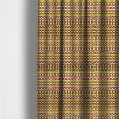 The fabric used to create these made-to-measure curtains is a vibrant, multi-coloured southwestern stripe pattern featuring repeating horizontal bands of geometric, tribal-inspired motifs. The detailed design is printed on a textured, linen-look cream fabric background, utilizing a bold colour palette of mustard yellow, terracotta red, slate blue-grey, and rust orange.