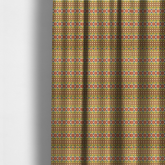 The fabric used to create these made-to-measure curtains is a vibrant, multi-coloured southwestern stripe pattern featuring repeating horizontal bands of geometric, tribal-inspired motifs. The detailed design is printed on a textured, linen-look cream fabric background, utilizing a bold colour palette of mustard yellow, terracotta red, slate blue-grey, and rust orange.
