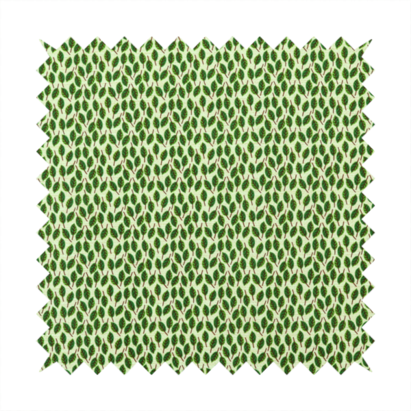 A dense, small-scale pattern of miniature green leaves. The leaves are coloured dark green with subtle brown stems, arranged closely together in neat diagonal columns across a pale, light green background with a visible fine-woven texture.