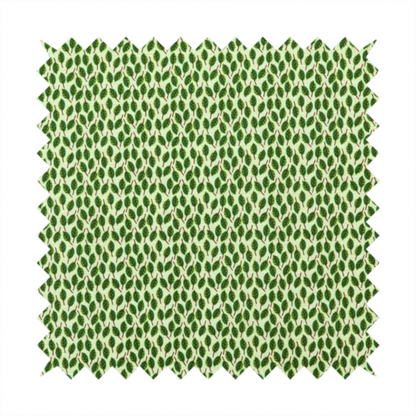 A dense, small-scale pattern of miniature green leaves. The leaves are coloured dark green with subtle brown stems, arranged closely together in neat diagonal columns across a pale, light green background with a visible fine-woven texture.