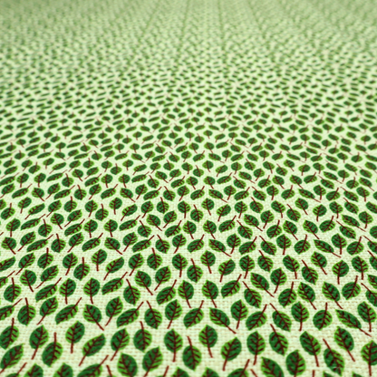 A dense, small-scale pattern of miniature green leaves. The leaves are coloured dark green with subtle brown stems, arranged closely together in neat diagonal columns across a pale, light green background with a visible fine-woven texture.