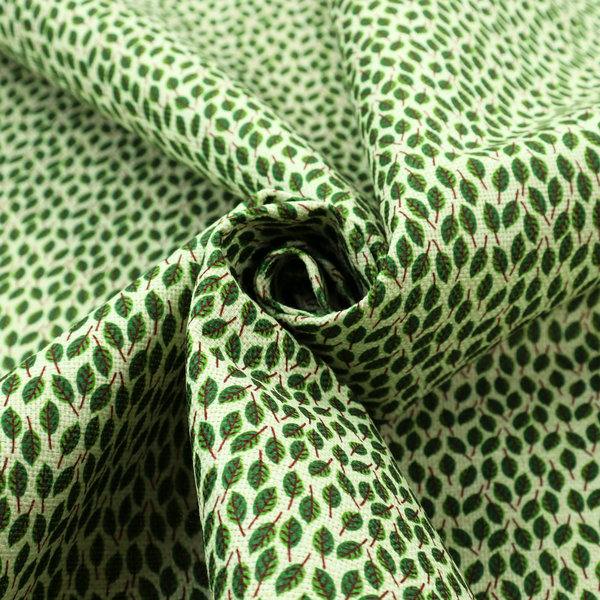 A dense, small-scale pattern of miniature green leaves. The leaves are coloured dark green with subtle brown stems, arranged closely together in neat diagonal columns across a pale, light green background with a visible fine-woven texture.