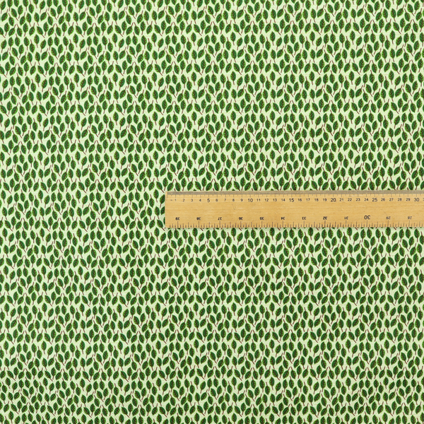 A dense, small-scale pattern of miniature green leaves. The leaves are coloured dark green with subtle brown stems, arranged closely together in neat diagonal columns across a pale, light green background with a visible fine-woven texture.