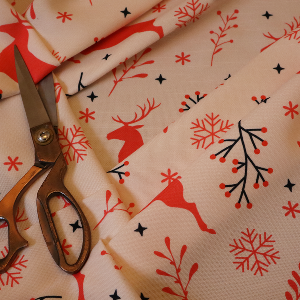 Winter Woodland Berry and Stag Print Upholstery Fabric DP-61