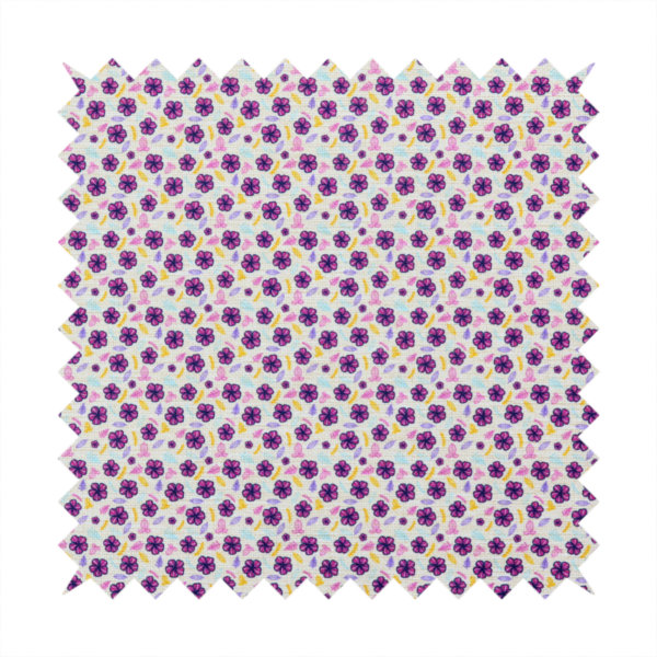 A dense, small-scale ditsy floral print. The pattern is composed of miniature five-petal magenta flowers outlined in dark purple, scattered symmetrically alongside tiny pastel pink blossoms, lavender leaves, and small ochre yellow botanical accents across a light, textured off-white background.