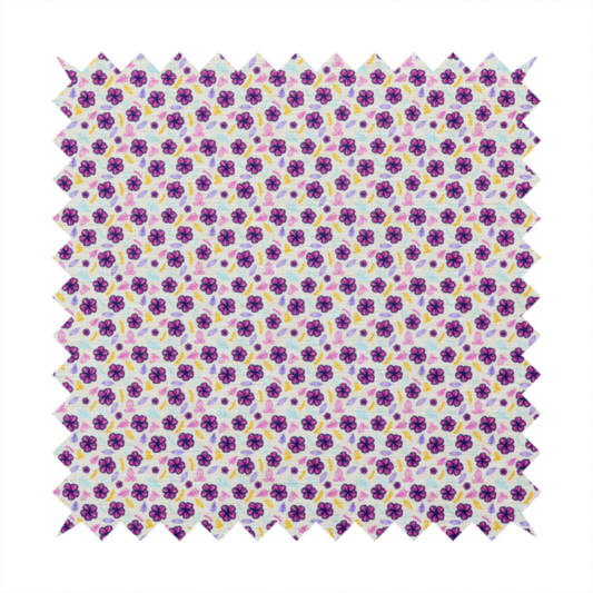 A dense, small-scale ditsy floral print. The pattern is composed of miniature five-petal magenta flowers outlined in dark purple, scattered symmetrically alongside tiny pastel pink blossoms, lavender leaves, and small ochre yellow botanical accents across a light, textured off-white background.
