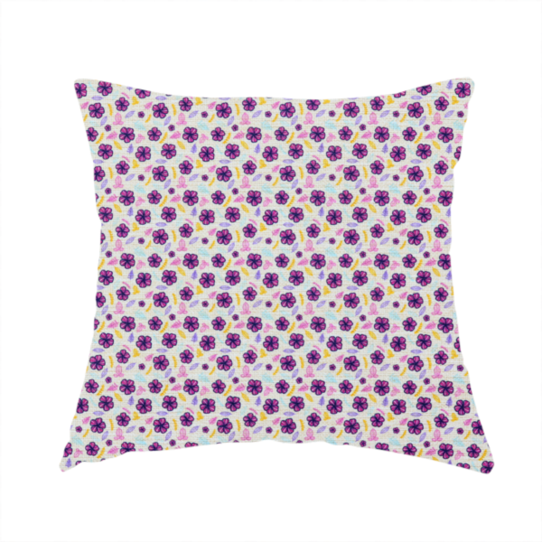 The fabric used to create this handmade cushion is a dense, small-scale ditsy floral print. The pattern is composed of miniature five-petal magenta flowers outlined in dark purple, scattered symmetrically alongside tiny pastel pink blossoms, lavender leaves, and small ochre yellow botanical accents across a light, textured off-white background.