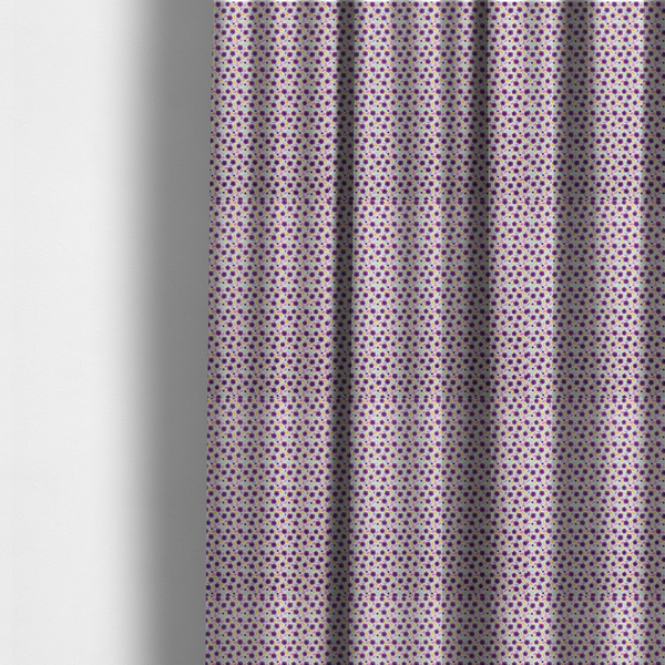 The fabric used to create these made-to-measure curtains is a dense, small-scale ditsy floral print. The pattern is composed of miniature five-petal magenta flowers outlined in dark purple, scattered symmetrically alongside tiny pastel pink blossoms, lavender leaves, and small ochre yellow botanical accents across a light, textured off-white background.