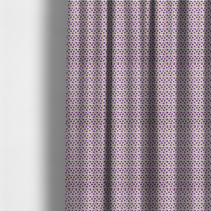 The fabric used to create these made-to-measure curtains is a dense, small-scale ditsy floral print. The pattern is composed of miniature five-petal magenta flowers outlined in dark purple, scattered symmetrically alongside tiny pastel pink blossoms, lavender leaves, and small ochre yellow botanical accents across a light, textured off-white background.