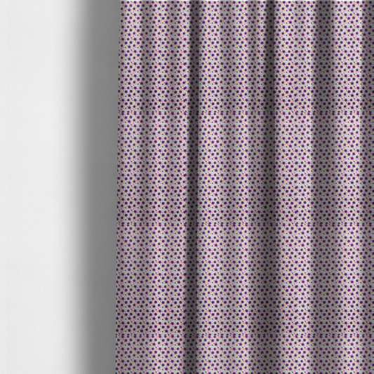The fabric used to create these made-to-measure curtains is a dense, small-scale ditsy floral print. The pattern is composed of miniature five-petal magenta flowers outlined in dark purple, scattered symmetrically alongside tiny pastel pink blossoms, lavender leaves, and small ochre yellow botanical accents across a light, textured off-white background.