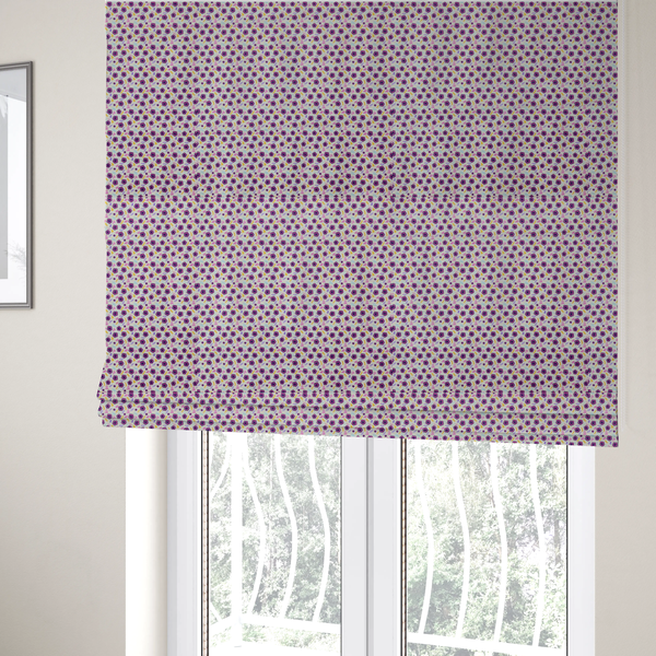 The fabric used to create these Roman blinds is a dense, small-scale ditsy floral print. The pattern is composed of miniature five-petal magenta flowers outlined in dark purple, scattered symmetrically alongside tiny pastel pink blossoms, lavender leaves, and small ochre yellow botanical accents across a light, textured off-white background.