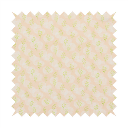 A soft watercolour design. The background consists of a subtle pastel peach wash layered with faint, painterly off-white circular polka dots. Arranged in neat diagonal rows over the circles are miniature, light lime green botanical sprigs and fine leaf stems.