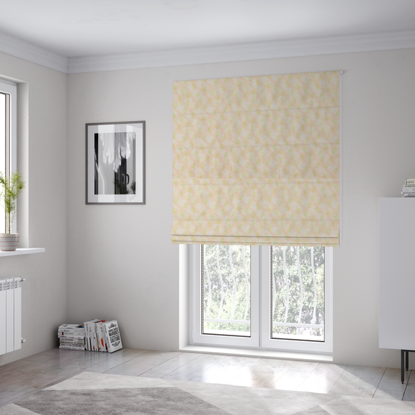 The fabric used to create these Roman blinds is a soft watercolour design. The background consists of a subtle pastel peach wash layered with faint, painterly off-white circular polka dots. Arranged in neat diagonal rows over the circles are miniature, light lime green botanical sprigs and fine leaf stems.