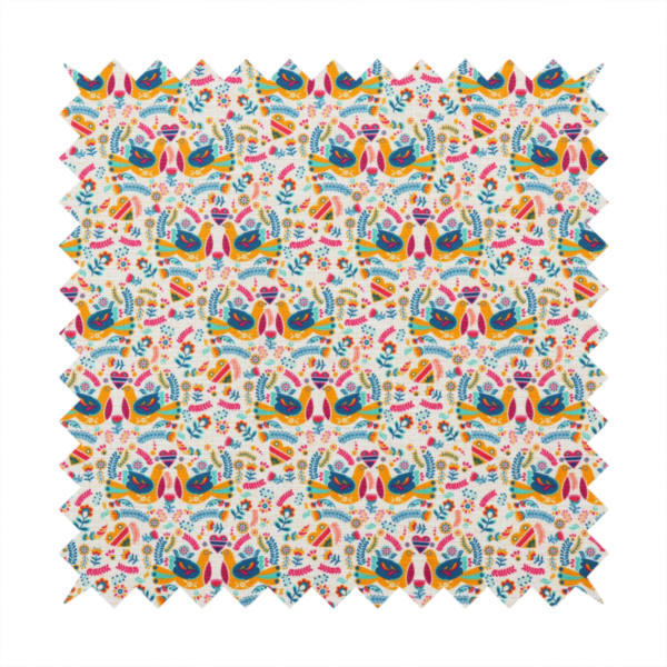A Scandinavian folk art pattern. The design features symmetrical pairs of stylized teal and golden-yellow lovebirds facing each other under a small striped heart. They are surrounded by an intricate all-over arrangement of tiny multi-coloured wildflowers, hearts, and vines in shades of orange, magenta, yellow, and blue over a textured, off-white background.