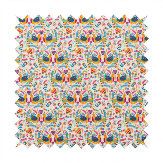 A Scandinavian folk art pattern. The design features symmetrical pairs of stylized teal and golden-yellow lovebirds facing each other under a small striped heart. They are surrounded by an intricate all-over arrangement of tiny multi-coloured wildflowers, hearts, and vines in shades of orange, magenta, yellow, and blue over a textured, off-white background.