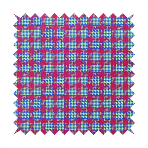 A dense, multi-coloured hounds tooth plaid pattern. The design features alternating blocks of bright magenta pink, electric royal blue, and neon lime green, interwoven into a structured, repetitive grid check with a classic textured twill appearance.