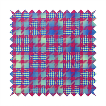 A dense, multi-coloured hounds tooth plaid pattern. The design features alternating blocks of bright magenta pink, electric royal blue, and neon lime green, interwoven into a structured, repetitive grid check with a classic textured twill appearance.
