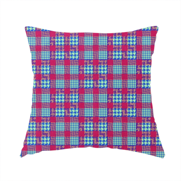The fabric used to create this handmade cushion is a dense, multi-coloured hounds tooth plaid pattern. The design features alternating blocks of bright magenta pink, electric royal blue, and neon lime green, interwoven into a structured, repetitive grid check with a classic textured twill appearance.