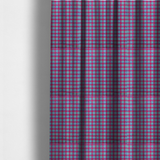 The fabric used to create these made-to-measure curtains is a dense, multi-coloured hounds tooth plaid pattern. The design features alternating blocks of bright magenta pink, electric royal blue, and neon lime green, interwoven into a structured, repetitive grid check with a classic textured twill appearance.