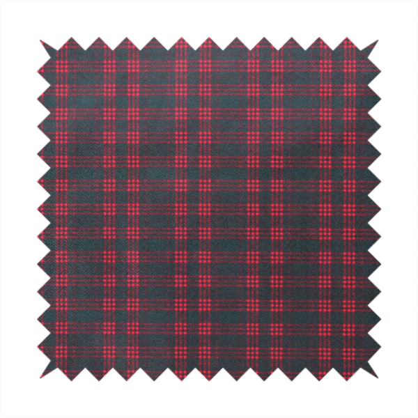A classic, moody plaid pattern. The design is woven onto a dark charcoal grey background with a subtle, textured herringbone pattern, overlaid with a structured grid of thin, repeating intersecting lines in a bright, contrasting crimson red.