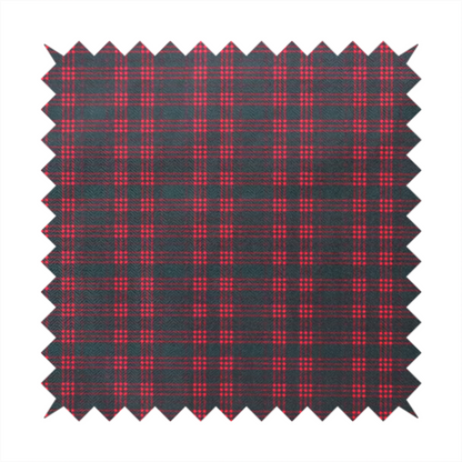 A classic, moody plaid pattern. The design is woven onto a dark charcoal grey background with a subtle, textured herringbone pattern, overlaid with a structured grid of thin, repeating intersecting lines in a bright, contrasting crimson red.