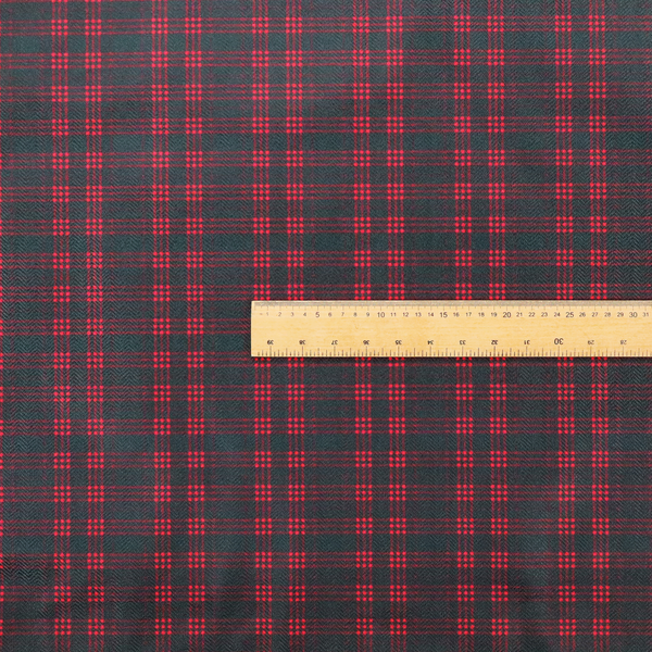 A classic, moody plaid pattern. The design is woven onto a dark charcoal grey background with a subtle, textured herringbone pattern, overlaid with a structured grid of thin, repeating intersecting lines in a bright, contrasting crimson red.