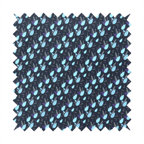 A dense, miniature botanical print. The design features small, light ice-blue teardrop shapes resembling abstract petals or water droplets, paired with tiny light blue textured leaves and white sprigs. The pattern is scattered over a dark charcoal grey background that features a subtle, woven herringbone texture.