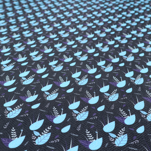 A dense, miniature botanical print. The design features small, light ice-blue teardrop shapes resembling abstract petals or water droplets, paired with tiny light blue textured leaves and white sprigs. The pattern is scattered over a dark charcoal grey background that features a subtle, woven herringbone texture.