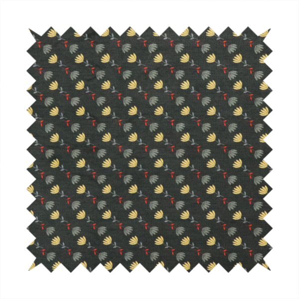 A neat, small-scale botanical pattern arranged in diagonal rows. The design showcases small, stylized fan-shaped flowers in a muted golden-yellow, interspersed with grey dandelions and tiny red leaves on thin stems.