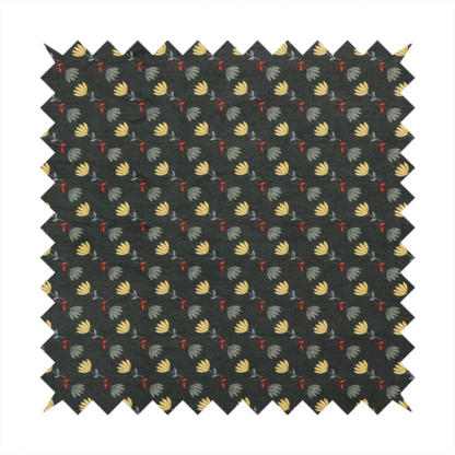 A neat, small-scale botanical pattern arranged in diagonal rows. The design showcases small, stylized fan-shaped flowers in a muted golden-yellow, interspersed with grey dandelions and tiny red leaves on thin stems.