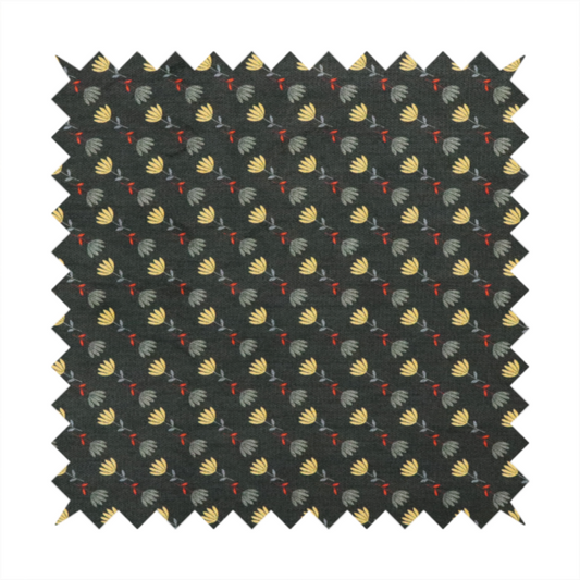 A neat, small-scale botanical pattern arranged in diagonal rows. The design showcases small, stylized fan-shaped flowers in a muted golden-yellow, interspersed with grey dandelions and tiny red leaves on thin stems.