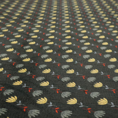 A neat, small-scale botanical pattern arranged in diagonal rows. The design showcases small, stylized fan-shaped flowers in a muted golden-yellow, interspersed with grey dandelions and tiny red leaves on thin stems.