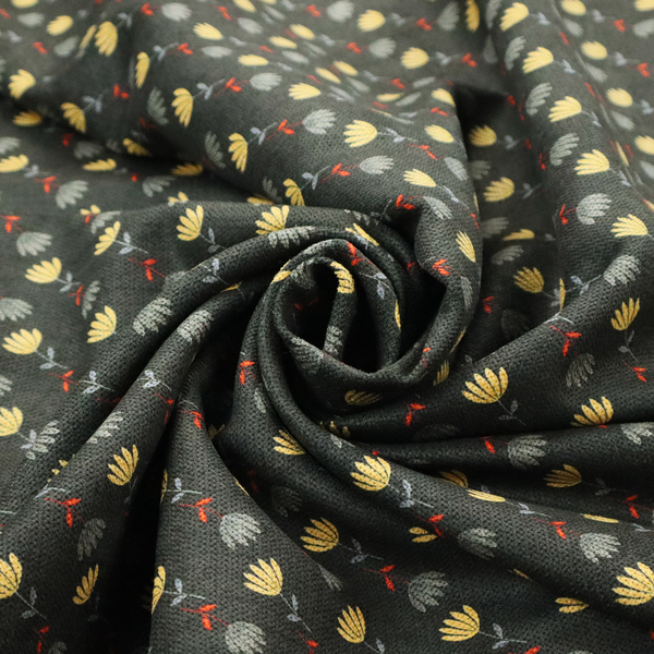 A neat, small-scale botanical pattern arranged in diagonal rows. The design showcases small, stylized fan-shaped flowers in a muted golden-yellow, interspersed with grey dandelions and tiny red leaves on thin stems.