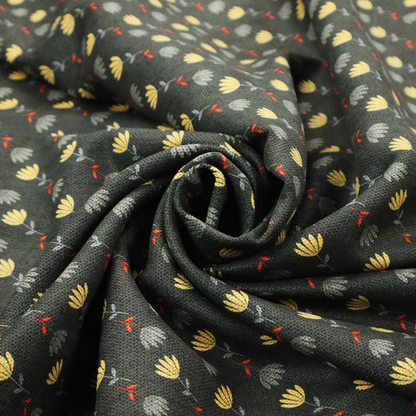 A neat, small-scale botanical pattern arranged in diagonal rows. The design showcases small, stylized fan-shaped flowers in a muted golden-yellow, interspersed with grey dandelions and tiny red leaves on thin stems.