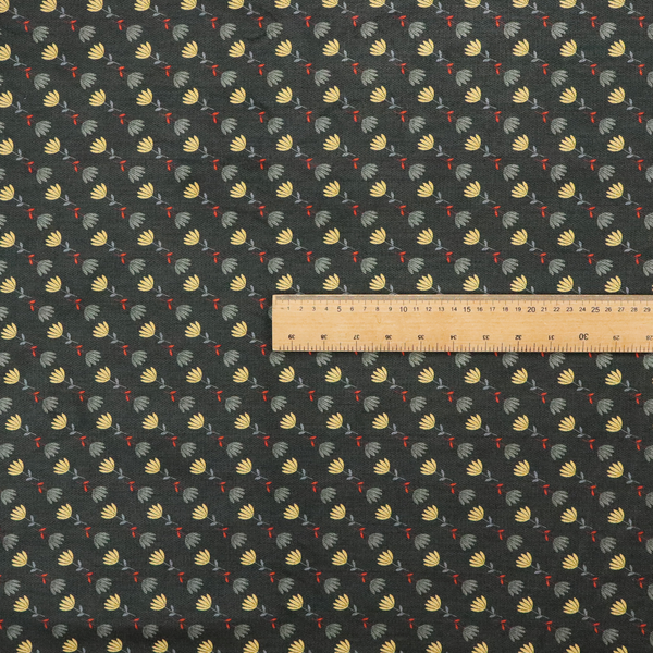 A neat, small-scale botanical pattern arranged in diagonal rows. The design showcases small, stylized fan-shaped flowers in a muted golden-yellow, interspersed with grey dandelions and tiny red leaves on thin stems.