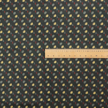 A neat, small-scale botanical pattern arranged in diagonal rows. The design showcases small, stylized fan-shaped flowers in a muted golden-yellow, interspersed with grey dandelions and tiny red leaves on thin stems.