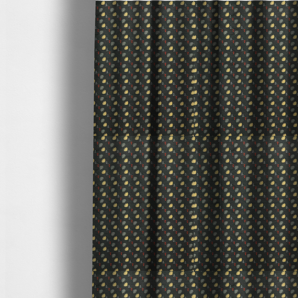 The fabric used to create these made-to-measure curtains is a neat, small-scale botanical pattern arranged in diagonal rows. The design showcases small, stylized fan-shaped flowers in a muted golden-yellow, interspersed with grey dandelions and tiny red leaves on thin stems.