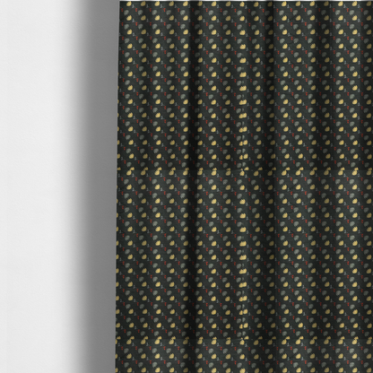 The fabric used to create these made-to-measure curtains is a neat, small-scale botanical pattern arranged in diagonal rows. The design showcases small, stylized fan-shaped flowers in a muted golden-yellow, interspersed with grey dandelions and tiny red leaves on thin stems.