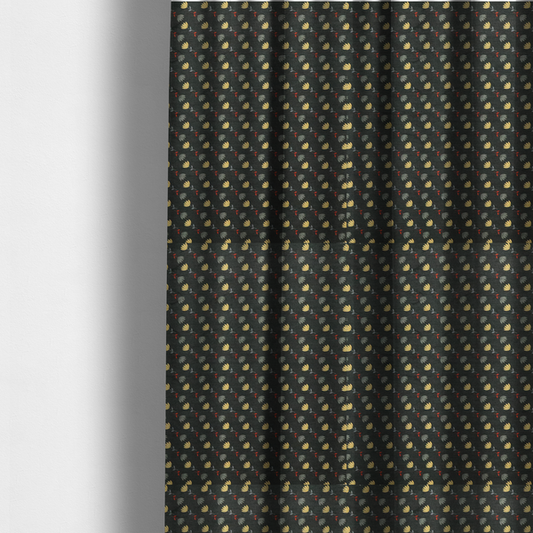 The fabric used to create these made-to-measure curtains is a neat, small-scale botanical pattern arranged in diagonal rows. The design showcases small, stylized fan-shaped flowers in a muted golden-yellow, interspersed with grey dandelions and tiny red leaves on thin stems.
