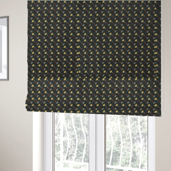 The fabric used to create these Roman blinds is a neat, small-scale botanical pattern arranged in diagonal rows. The design showcases small, stylized fan-shaped flowers in a muted golden-yellow, interspersed with grey dandelions and tiny red leaves on thin stems.