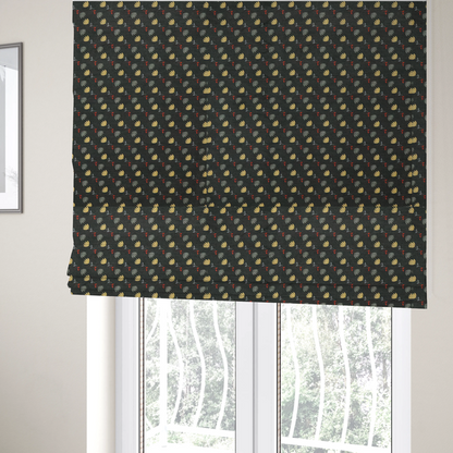 The fabric used to create these Roman blinds is a neat, small-scale botanical pattern arranged in diagonal rows. The design showcases small, stylized fan-shaped flowers in a muted golden-yellow, interspersed with grey dandelions and tiny red leaves on thin stems.