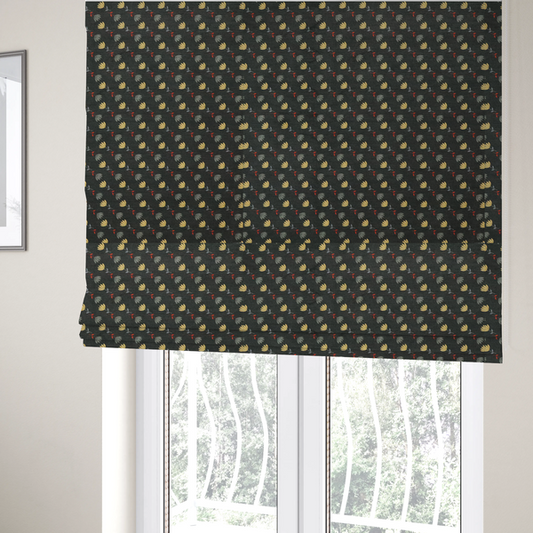 The fabric used to create these Roman blinds is a neat, small-scale botanical pattern arranged in diagonal rows. The design showcases small, stylized fan-shaped flowers in a muted golden-yellow, interspersed with grey dandelions and tiny red leaves on thin stems.